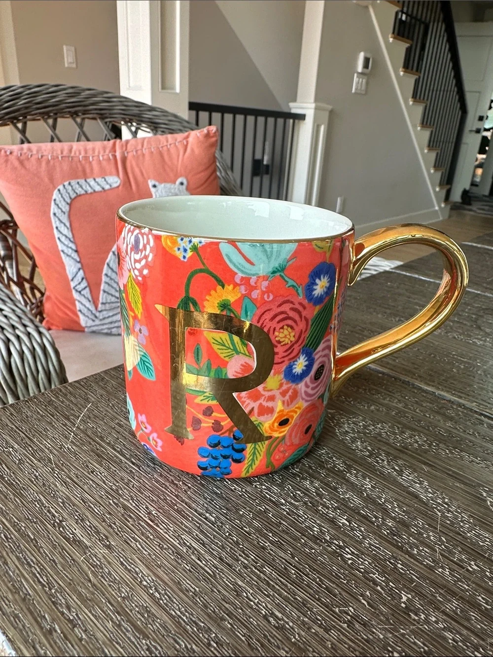 Anthropologie and rifle paper co floral monogrammed R mug 4x5